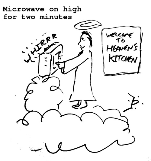 An angel using a microwave while standing on a cloud